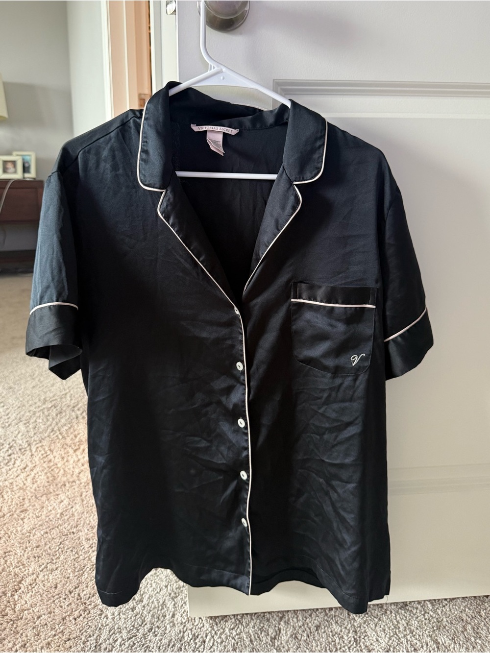 Victoria's Secret Black Short-Sleeve Satin Pajama Shirt with White Piping